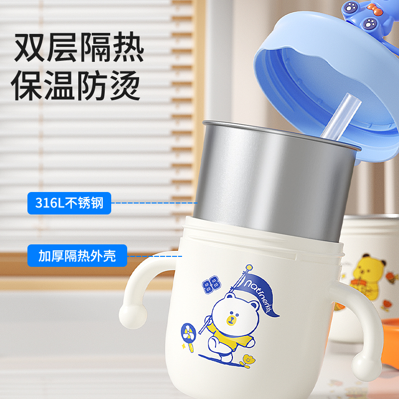 儿童水杯家用不锈钢防摔带刻度吸管奶瓶喝奶喝饮水杯子宝宝牛奶杯_餐具水杯_